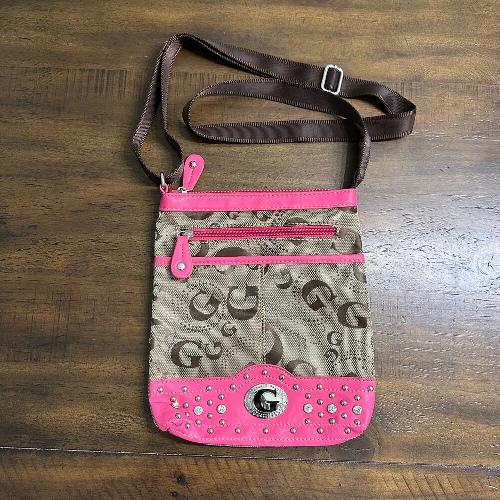Guess Pink Studded Monogram Crossbody Bag Y2K Small Purse - Picture 1 of 8